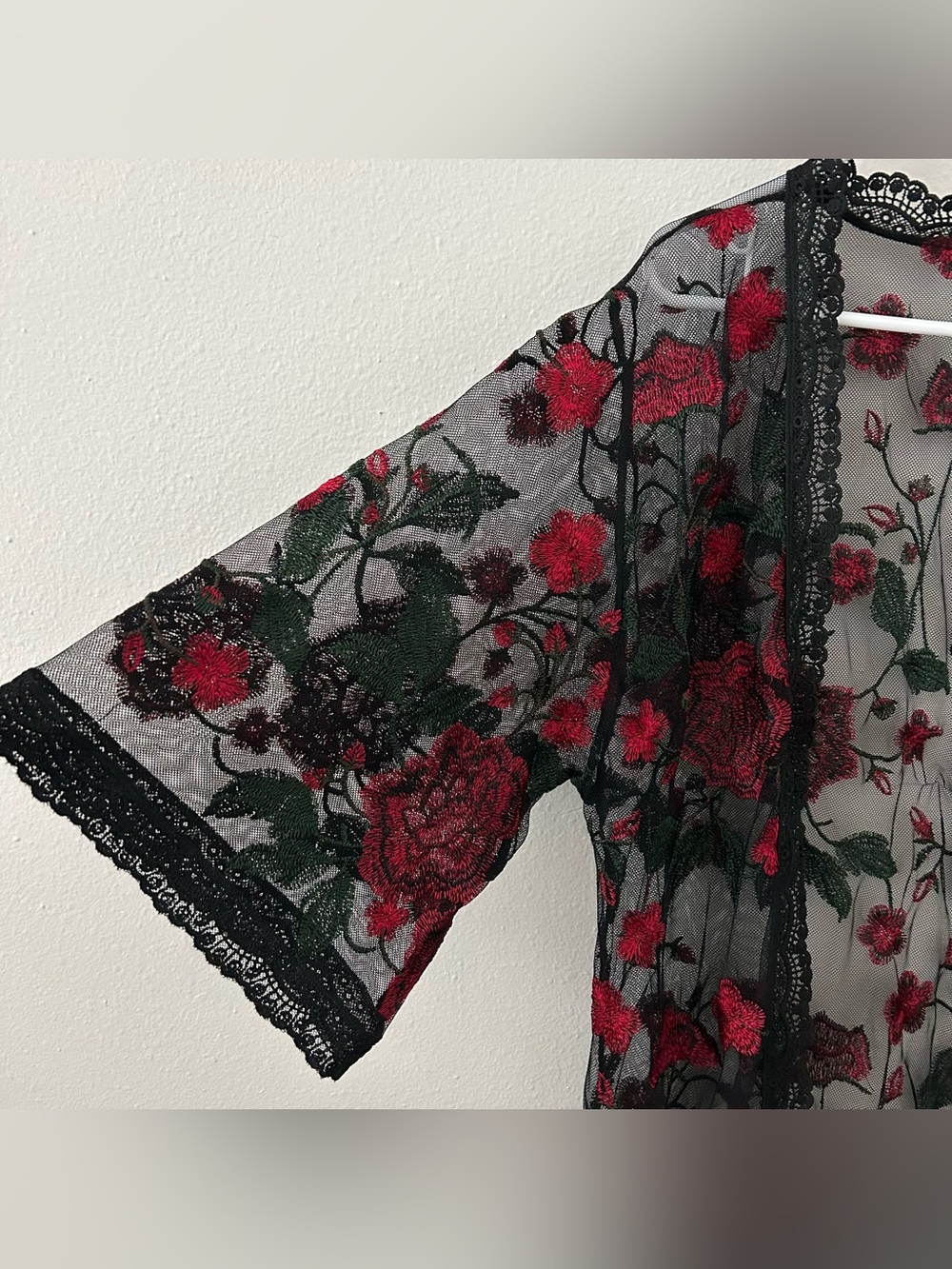 Lularoe Long Sheer Lace Duster Sweater S Black Red Embroidered Floral Whimsigoth - Picture 4 of 9